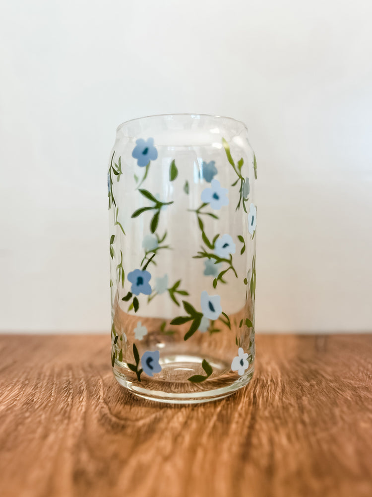 Blue Daisy Florals Can Glass
