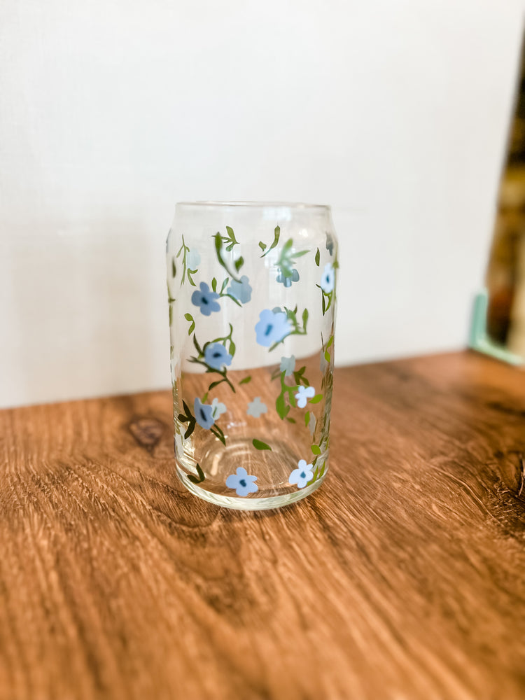 Blue Daisy Florals Can Glass