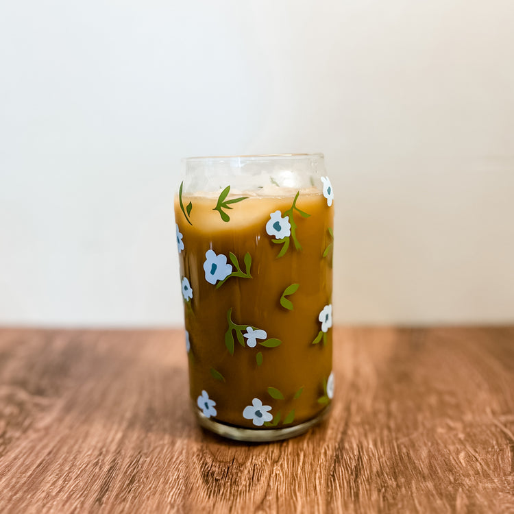 Blue Daisy Florals Can Glass