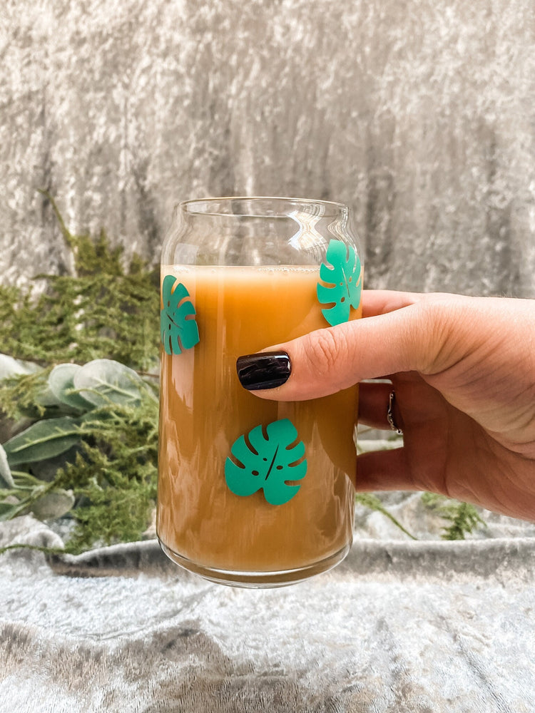 Green Monstera Soda Can Glass