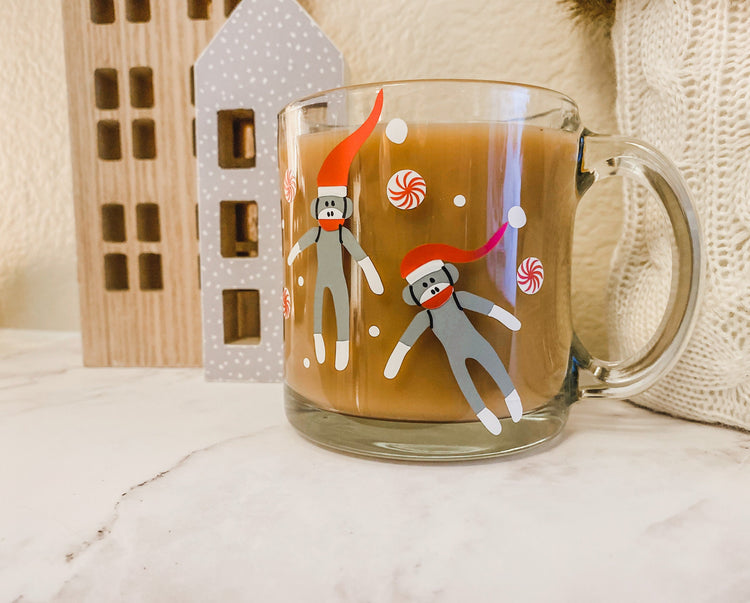 Christmas Sock Monkey Glass Coffee Mug