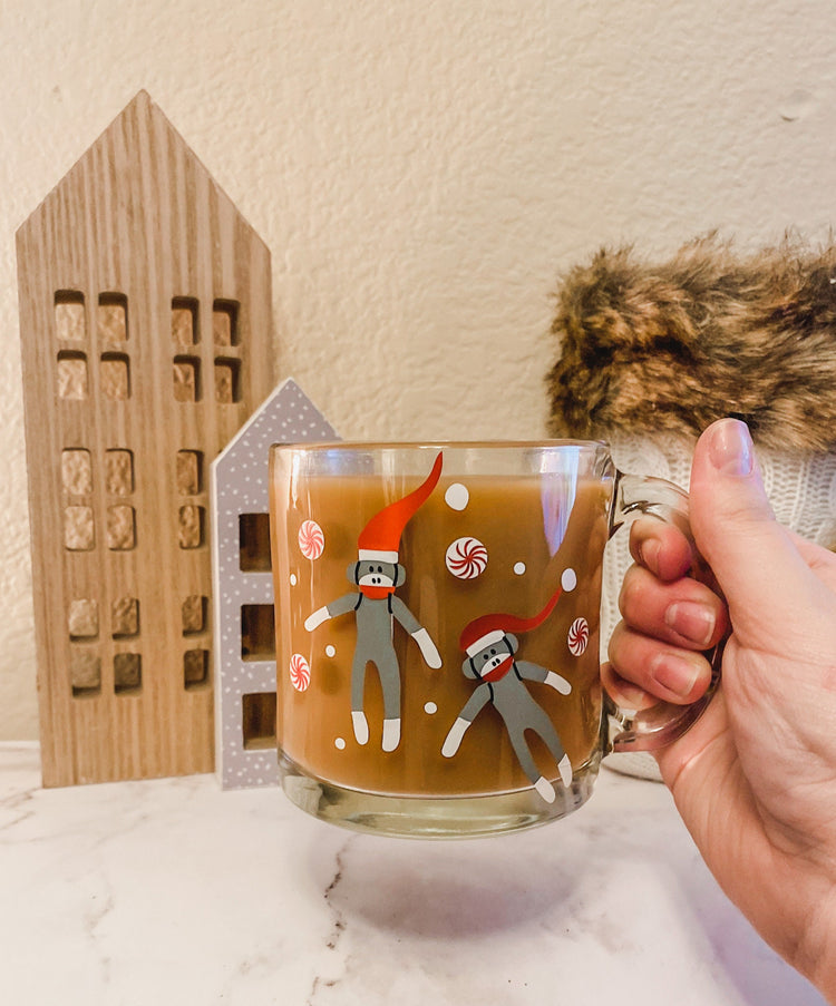 Christmas Sock Monkey Glass Coffee Mug