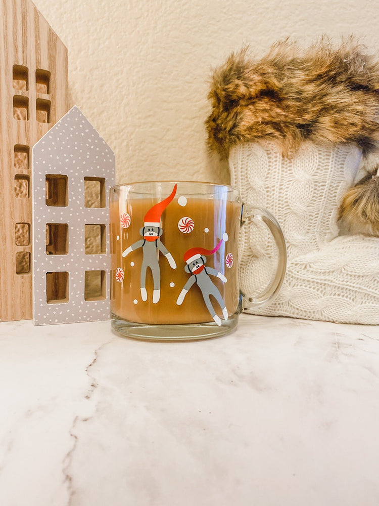 Christmas Sock Monkey Glass Coffee Mug
