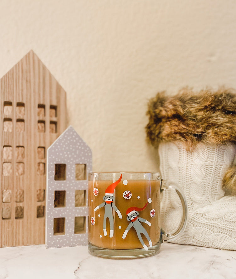 Christmas Sock Monkey Glass Coffee Mug